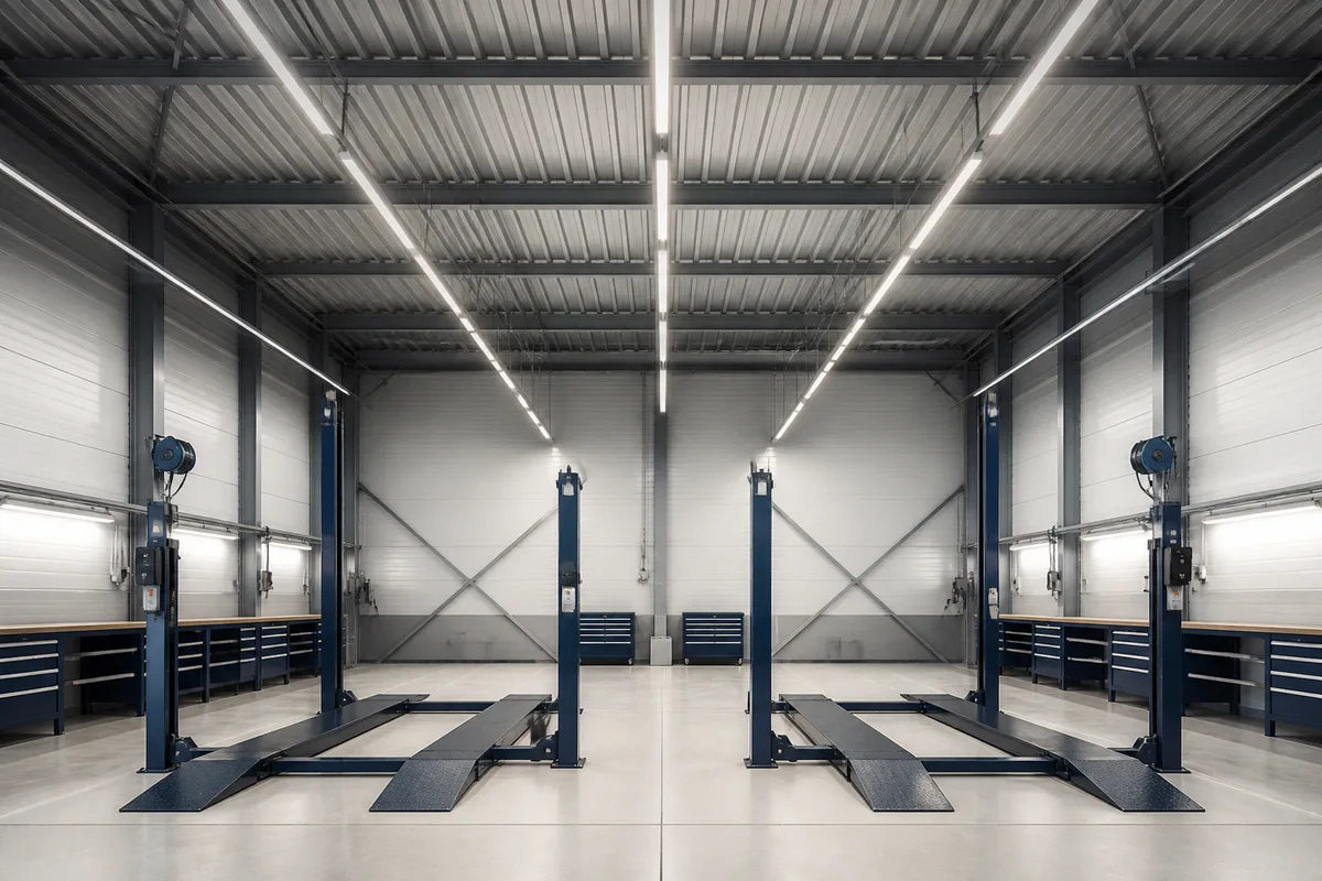 Rangée de luminaires linéaires éclairant les travées d’un atelier de réparation automobile