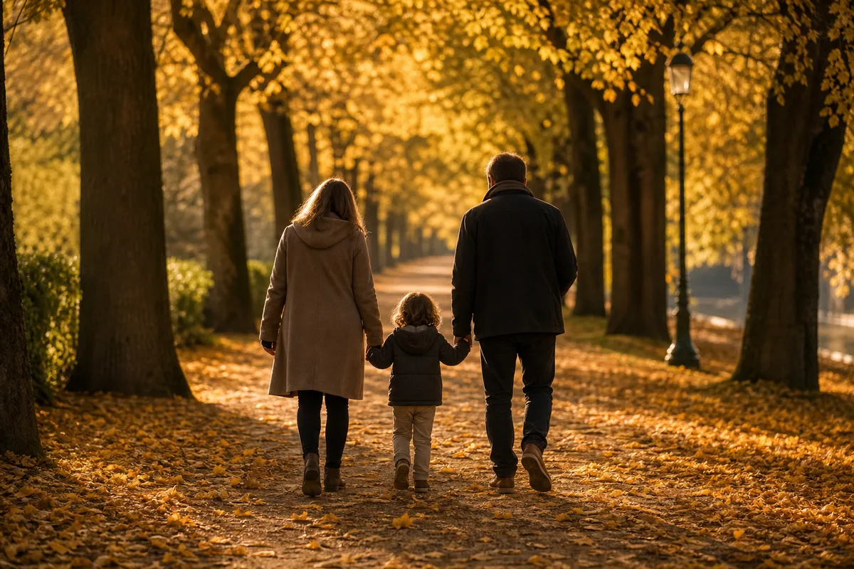 Silhouettes d’une famille marchant de dos dans un parc en automne