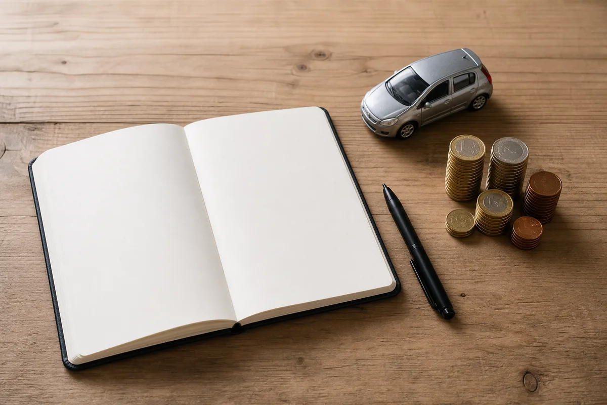 Carnet de comptes ouvert avec pièces de monnaie et voiture miniature