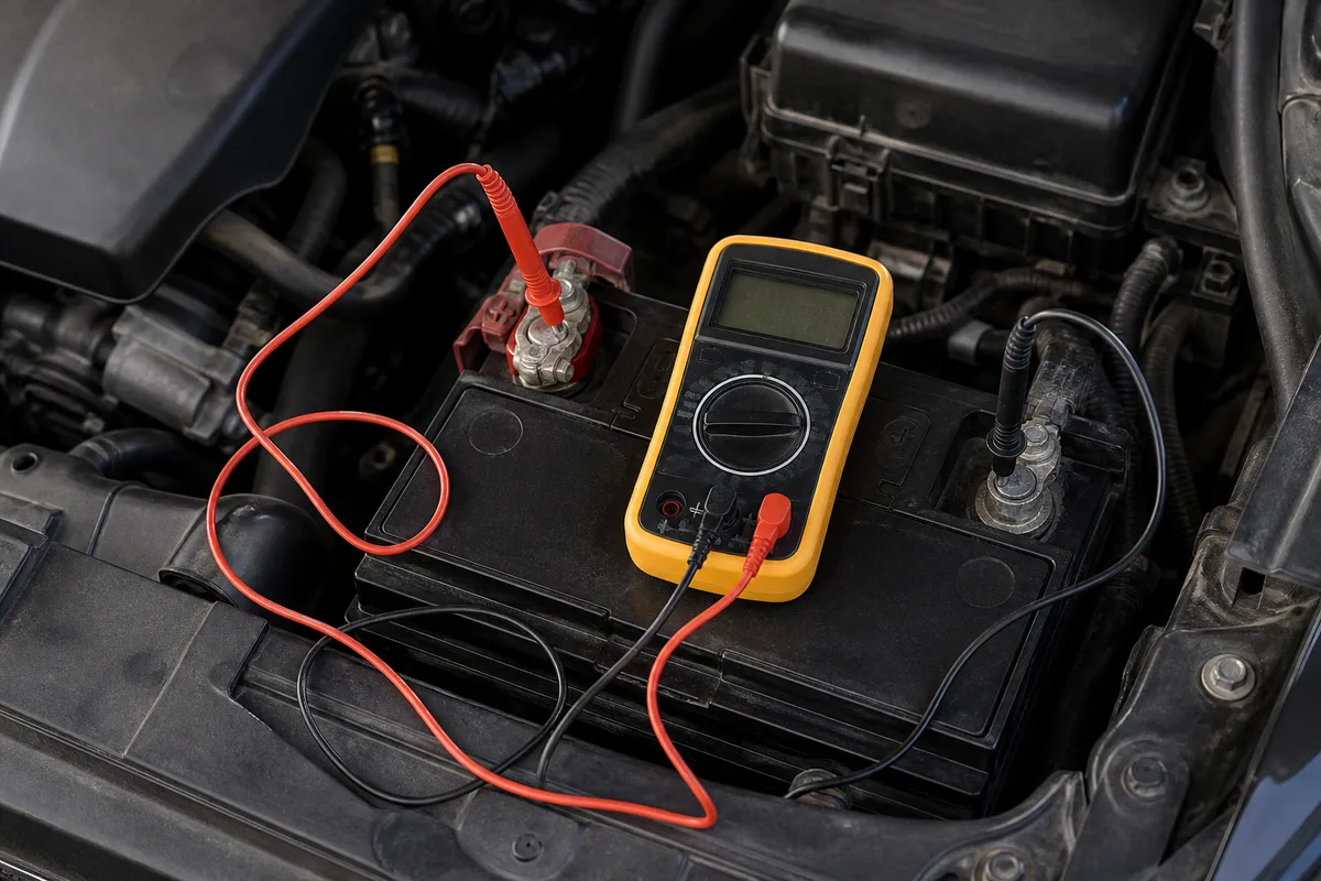 Multimètre posé sur une batterie de voiture, pointes de touche appliquées sur les deux bornes