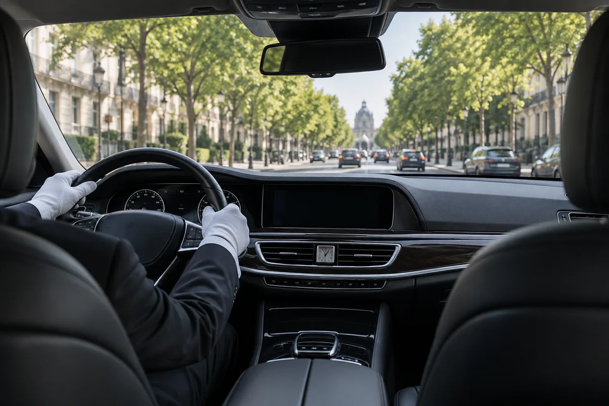 Chauffeur au volant d’une berline vu depuis la banquette arrière