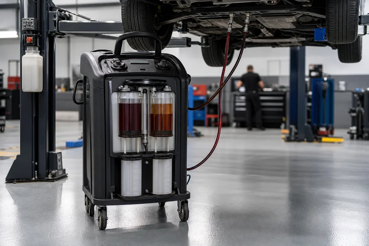 Station de dialyse de boîte automatique reliée par des flexibles au circuit d&rsquo;une voiture sur pont élévateur