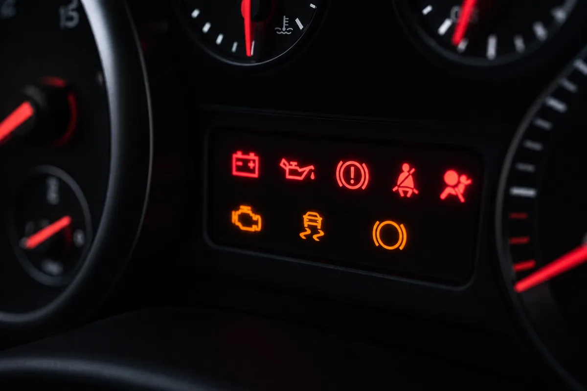 Gros plan sur un tableau de bord de voiture avec plusieurs voyants lumineux allumés